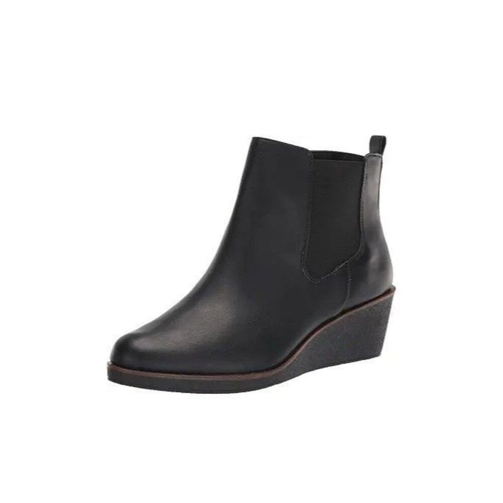 Aerosoles Womens 9.5 M Black Brandi Faux Leather Wedge Heel Booties NIB TD1